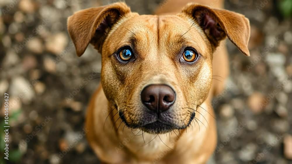 A brown dog with blue eyes stares intently at the camera A brown dog with blue eyes stares intently at the camera