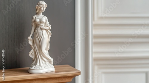 Classic porcelain figurine on a wooden shelf, no people, open space for copy text