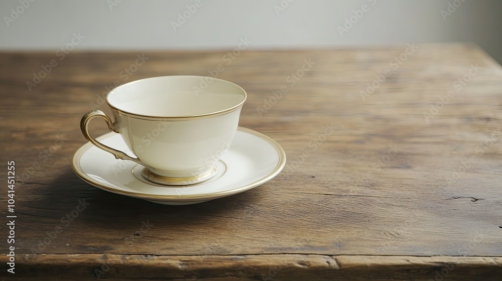 Obraz premium Classic porcelain teacup and saucer on a vintage wooden table, no people, with room for copy text