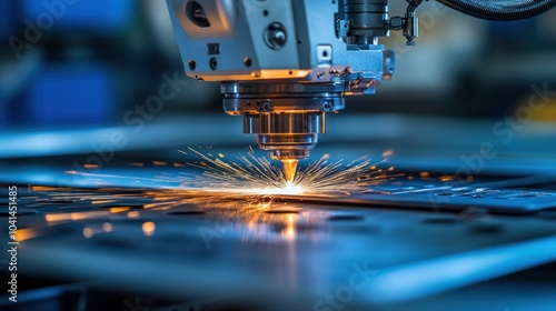 A close-up of a laser cutting machine creating sparks on metal sheets.