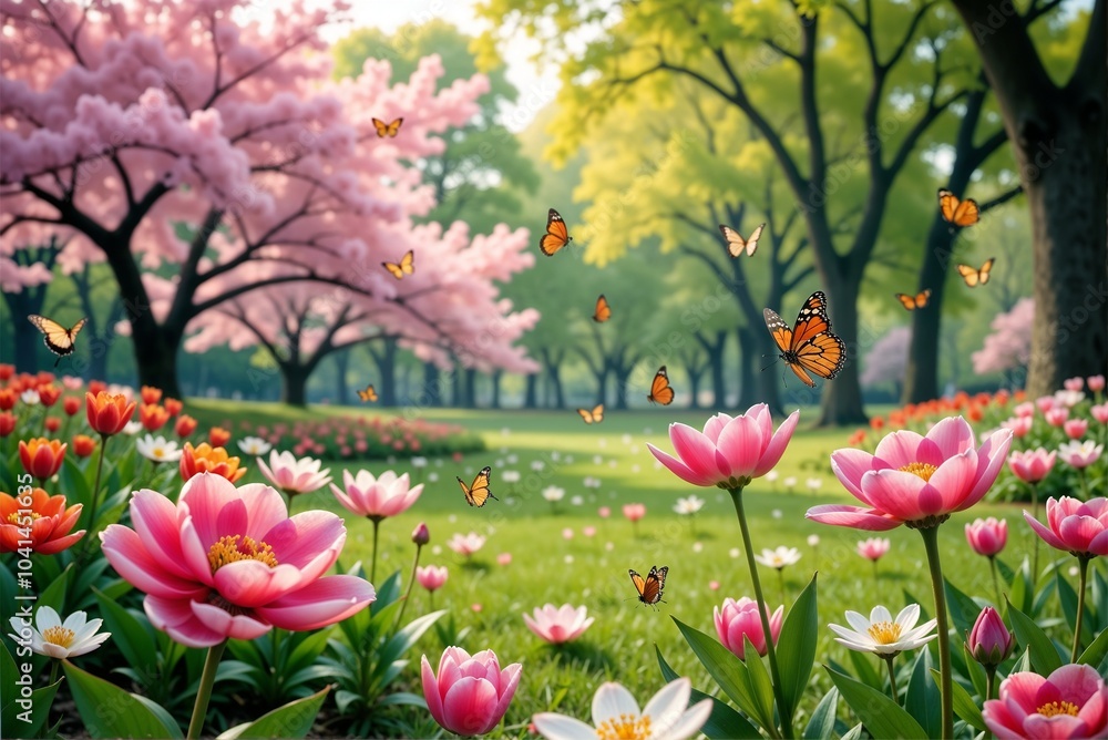 Experience a vibrant Spring garden with colorful blossoms and butterflies dancing in sunlight Experience a vibrant Spring garden with colorful blossoms and butterflies dancing in sunlight
