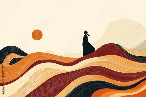 Minimalistic desert landscape with silhouette of a person at sunset photo