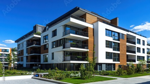 Modern apartment buildings with balconies and landscaped surroundings under a clear blue sky.