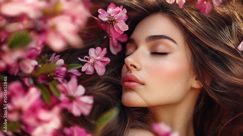 Beautiful model with cascading brown hair in a vibrant spring garden surrounded by blooming pink flowers Suitable for beauty salon advertising design Banner concept Beautiful model with cascading brown hair in a vibrant spring garden surrounded by blooming pink flowers Suitable for beauty salon advertising design Banner concept