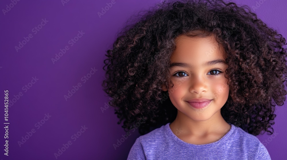 Portrait of a charming young girl with curly hair set against a vibrant purple backdrop Portrait of a charming young girl with curly hair set against a vibrant purple backdrop