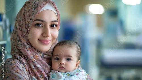 Muslim mother and her baby in a hospital setting representing the concept of inclusive healthcare