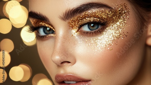Plakat w ramie Woman with sparkling gold glitter eye makeup showcasing a glamorous beauty look and radiant clear skin