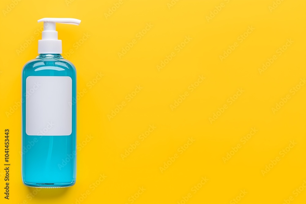 A Bottle of Hand Sanitizer With a Clean Label, Placed on a Bright Yellow Background, Health A Bottle of Hand Sanitizer With a Clean Label, Placed on a Bright Yellow Background, Health