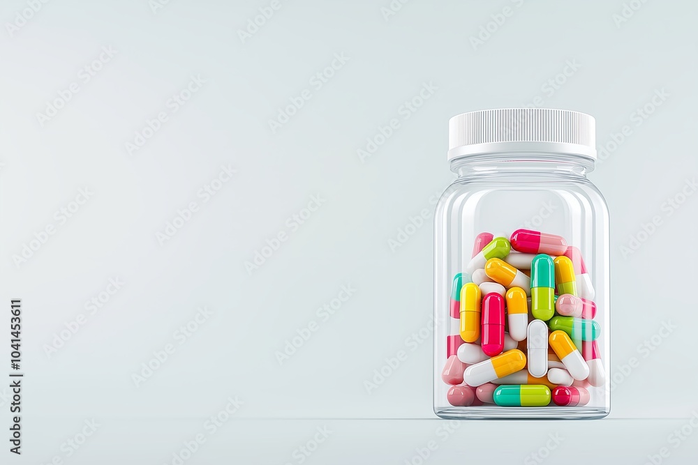 A Clear Pill Bottle Filled With Colorful Capsules, Positioned on a Textured Light Gray Background, Health A Clear Pill Bottle Filled With Colorful Capsules, Positioned on a Textured Light Gray Background, Health