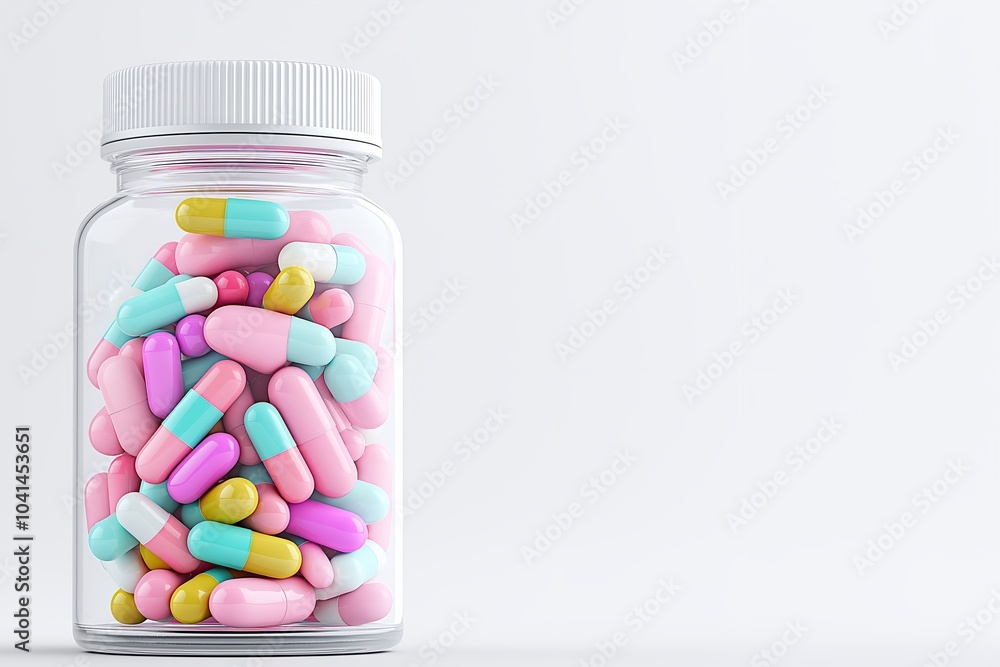 A Clear Pill Bottle Filled With Colorful Capsules, Positioned on a Textured Light Gray Background, Health A Clear Pill Bottle Filled With Colorful Capsules, Positioned on a Textured Light Gray Background, Health