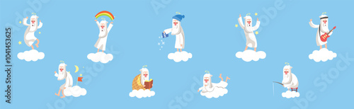 Funny Bearded God Character on Soft Cloud Vector Set
