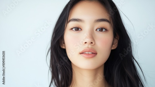 Young Asian woman showcasing fresh clear skin against a clean white background