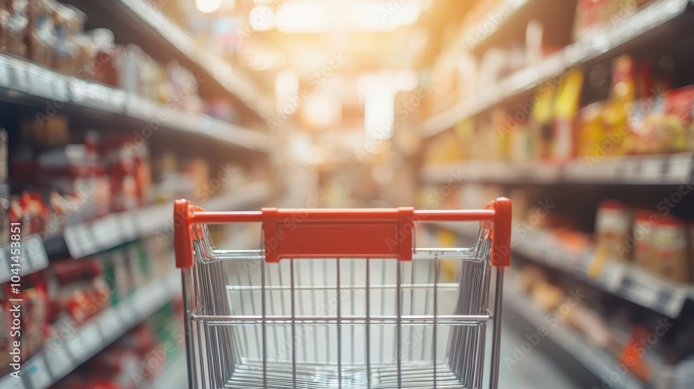 Empty Shopping Cart in Supermarket Aisle with Shelves Empty Shopping Cart in Supermarket Aisle with Shelves