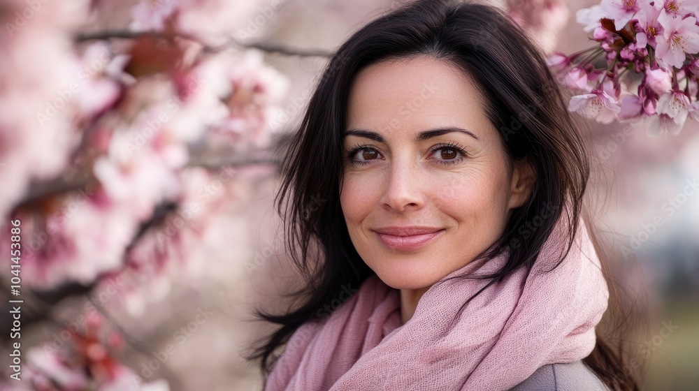 A lovely woman in her 40s with dark hair and brown eyes is smiling softly at the camera adorned with a pink scarf amidst blooming cherry blossoms A lovely woman in her 40s with dark hair and brown eyes is smiling softly at the camera adorned with a pink scarf amidst blooming cherry blossoms