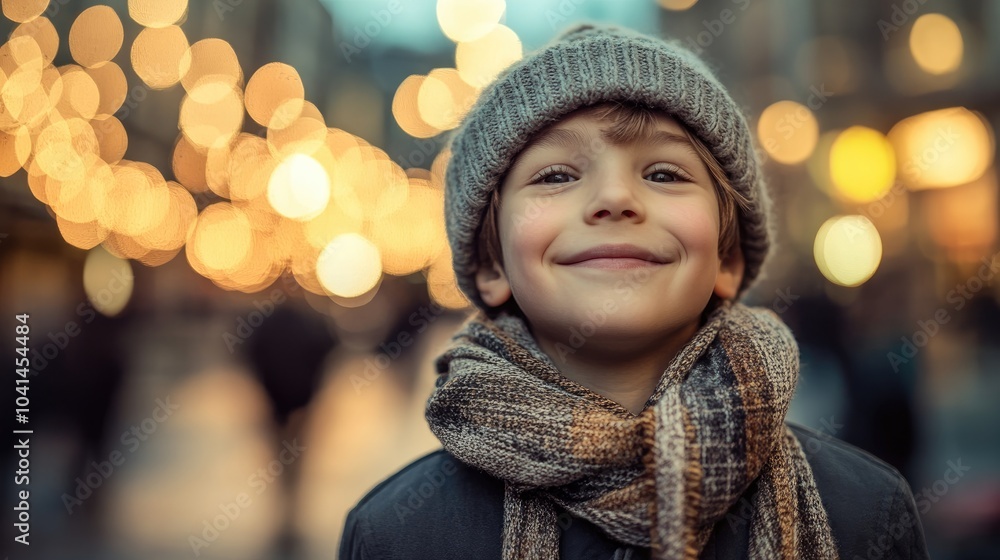 Cheerful young boy in a wool cap and scarf against a charming vintage cityscape backdrop at twilight Cheerful young boy in a wool cap and scarf against a charming vintage cityscape backdrop at twilight