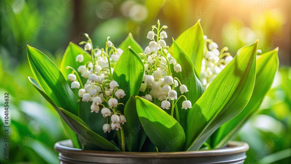 Obraz premium Captivating Tilt-Shift Photography of Lily of the Valley Plant with Delicate White Flowers and Vibrant Green Leaves for Nature Lovers and Garden Enthusiasts