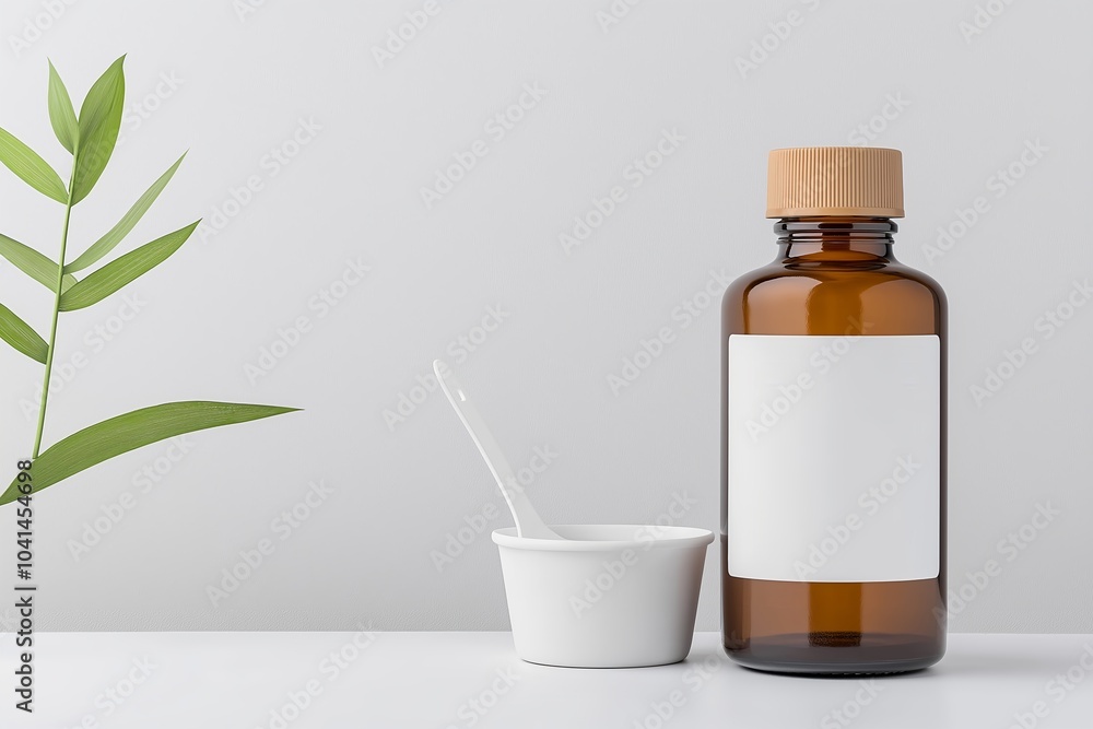 A Pharmaceutical Bottle and Measuring Cup, Placed on a Plain Textured Gray Background, Health A Pharmaceutical Bottle and Measuring Cup, Placed on a Plain Textured Gray Background, Health