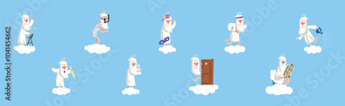 Funny Bearded God Character on Soft Cloud Vector Set