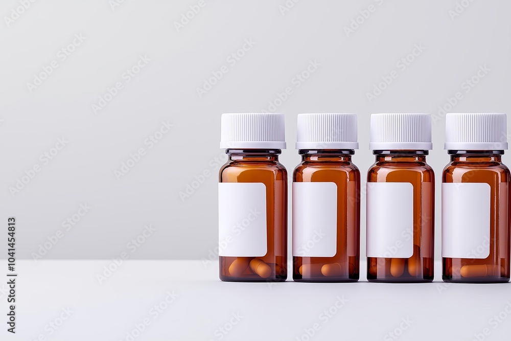 A Row of Prescription Pill Bottles With Labels, Displayed Against a Smooth White Surface, Health A Row of Prescription Pill Bottles With Labels, Displayed Against a Smooth White Surface, Health