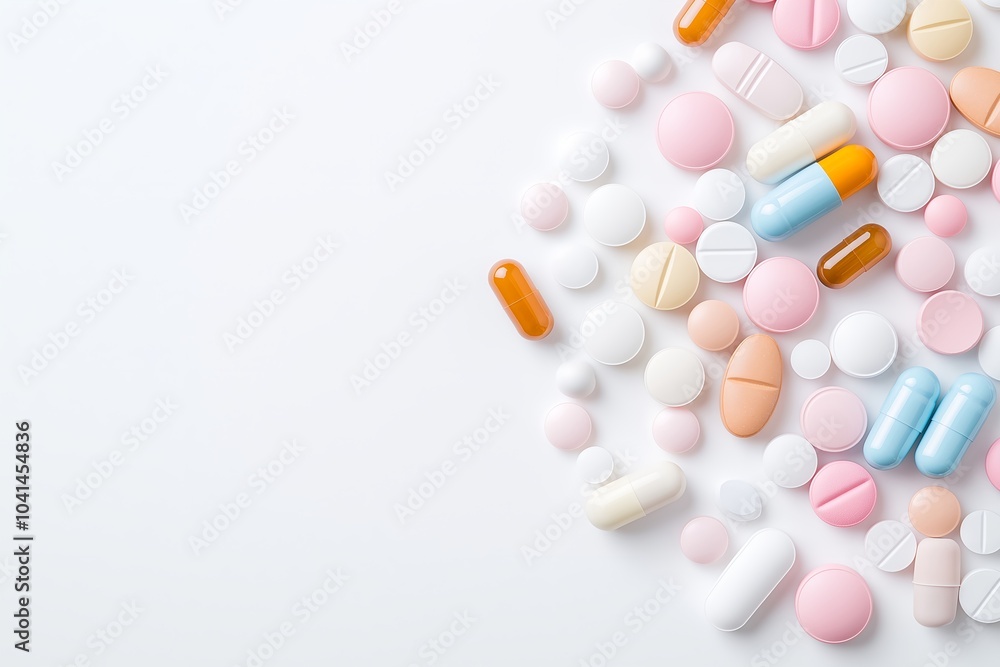 A Variety of Colorful Pills and Capsules Scattered on a Clean White Background, Health A Variety of Colorful Pills and Capsules Scattered on a Clean White Background, Health