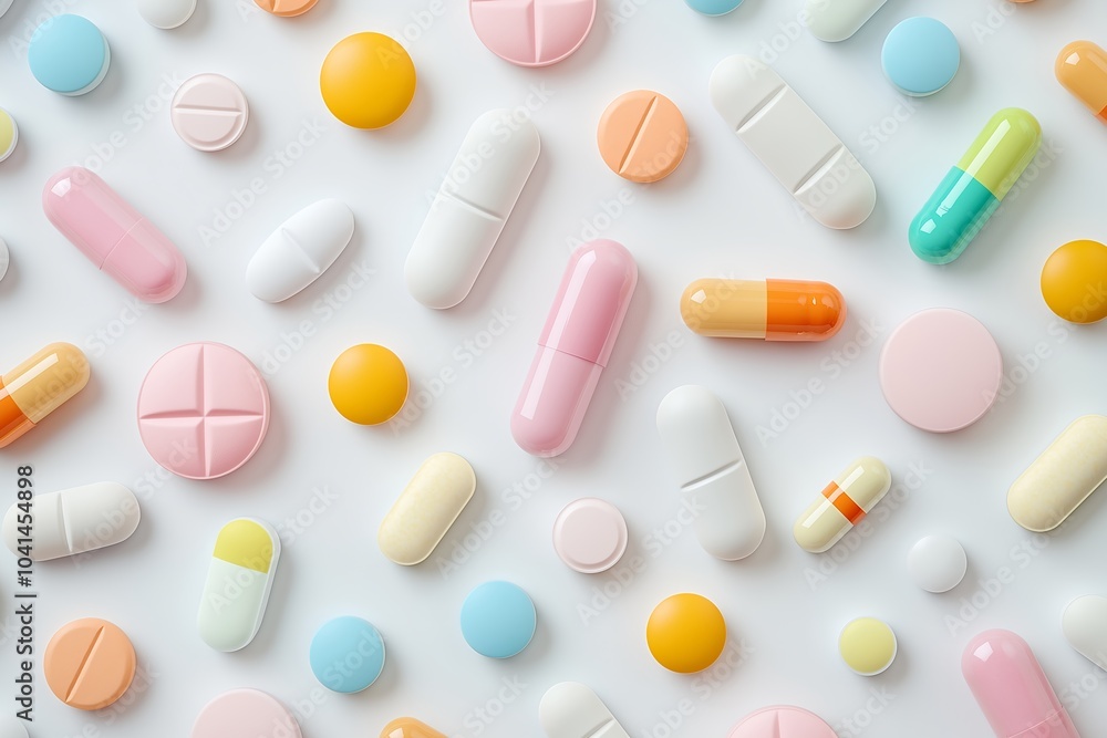 A Variety of Colorful Pills and Capsules Scattered on a Clean White Background, Health