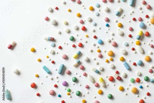 A Variety of Colorful Pills and Capsules Scattered on a Clean White Background, Health