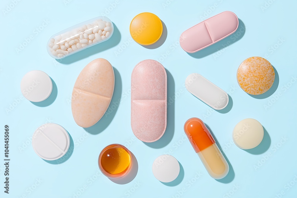 An Assortment of Flu Medicines and Throat Lozenges Displayed on a Plain Light Blue Background, Health An Assortment of Flu Medicines and Throat Lozenges Displayed on a Plain Light Blue Background, Health