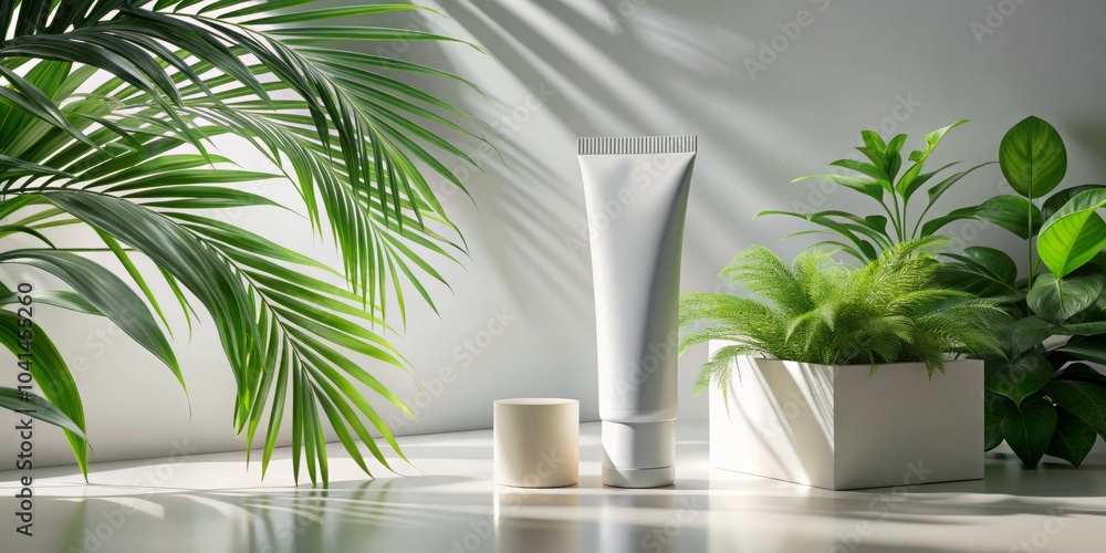 Obraz premium Skin Care Tube Mockup on White Background with Tropical Shadows - Perfect for Beauty Products, Skincare Marketing, and Advertising Photography