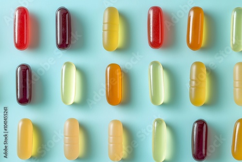 An Assortment of Multivitamin Gummy Supplements Arranged on a Textured Pastel Blue Background, Health