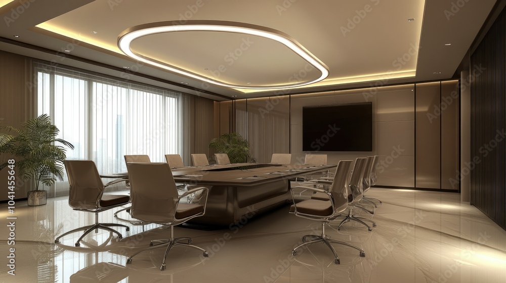 Fototapeta premium Contemporary conference room with clean lines and sleek furniture, no people, space for text