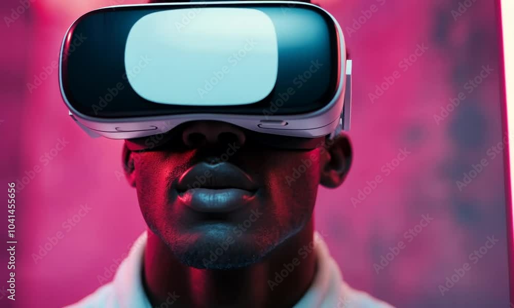 A man wearing a VR headset with a pink background A man wearing a VR headset with a pink background
