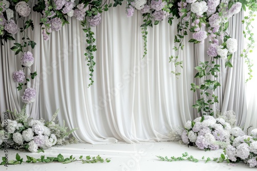 Scandinavian Minimalist style cool ivory studio backdrop with a matte finish, light gray curtains with minimal draping, highlighted by clusters of soft lavender hydrangeas and trailing ivy