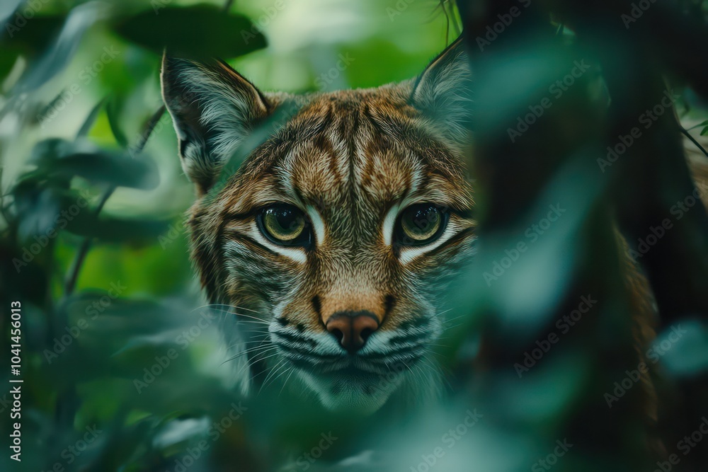 Fototapeta premium Watchful lynx peering through forest undergrowth.