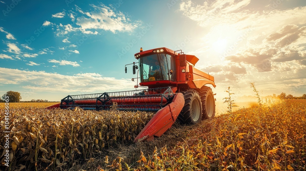 Obraz premium Red Combine Harvester in Soybean Field at Sunset