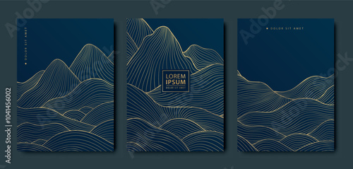 Vector set of line art mountains, waves backgrounds. Nature texture covers, landscape posters, curve sea luxury design