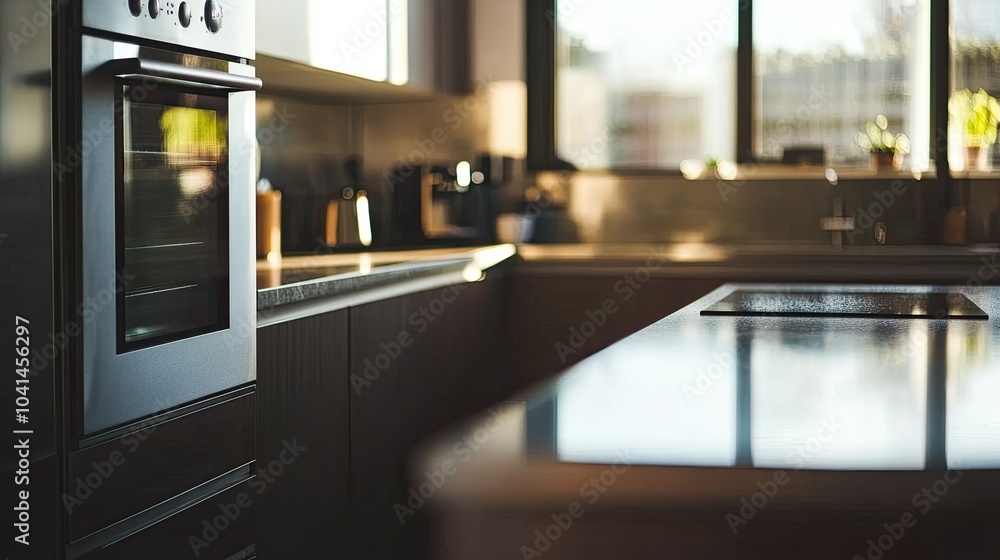 Contemporary kitchen with sleek design and modern appliances, no people, room for text Contemporary kitchen with sleek design and modern appliances, no people, room for text