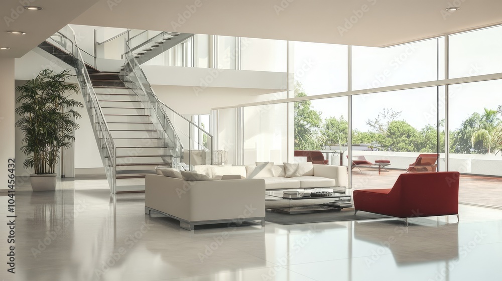 Fototapeta premium Contemporary living room with clean lines and sleek furniture, no people, with space for text