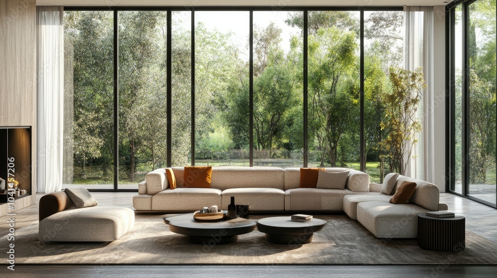 Fototapeta premium Contemporary living room with stylish furniture and large windows, no people, with ample space for text