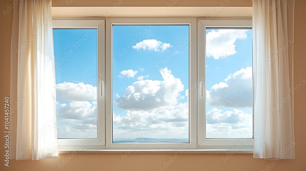 Fototapeta premium A beautiful view through modern windows framing bright blue skies and fluffy white clouds for inspirational ambiance