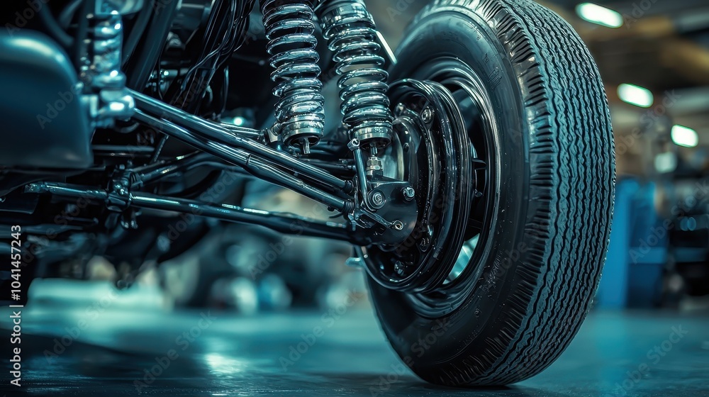 Fototapeta premium Car Suspension with Detailed Wheel View