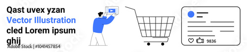 Person holding device, shopping cart, social media profile with likes and comments. Ideal for e-commerce, digital marketing, social media management, mobile shopping, and user engagement. Landing