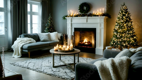 Cozy Christmas living room with a burning fire, an elegant fireplace, a white mantel with candles and evergreen garland, a festive wreath, a decorated Christmas tree with lights and ornaments,