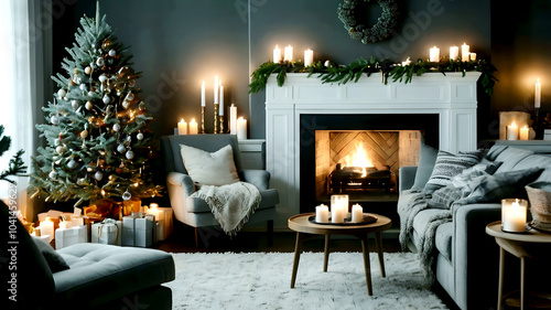 Cozy Christmas living room with a burning fire, an elegant fireplace, a white mantel with candles and evergreen garland, a festive wreath, a decorated Christmas tree with lights and ornaments,