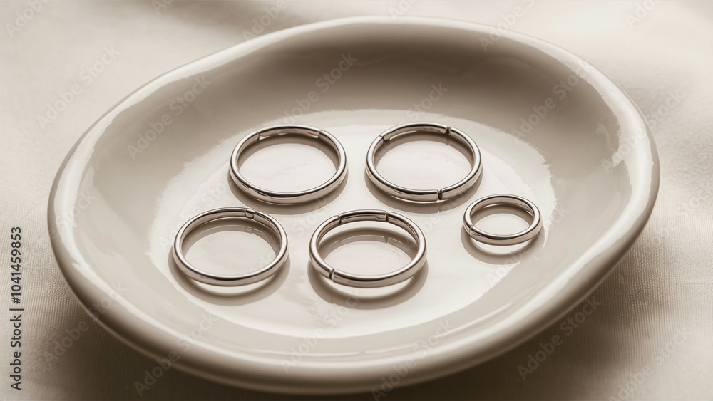Minimalist Metal Rings on White Ceramic Dish Minimalist Metal Rings on White Ceramic Dish