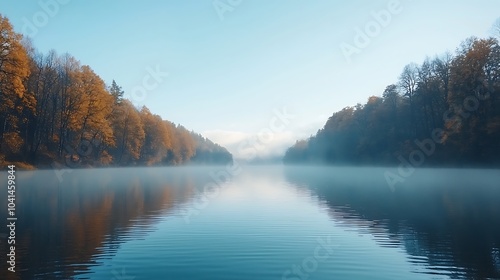 Serene autumn reflections a peaceful misty lake surrounded by vibrant fall foliage and calm waters under a clear sky