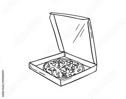 Hand drawn doodle box of pizza. Sketch Open pizza box. Drawing Pizza in cardboard box. Delivery vintage element.