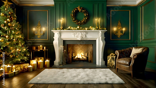 Luxurious Christmas interior with dark green paneled walls, elaborate gold trim, star-topped Christmas tree decorated with gold ornaments, a crackling fireplace