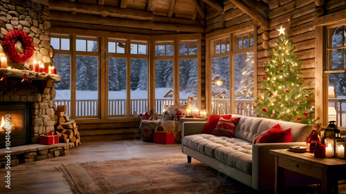 Warm, cozy log cabin interior; decorated Christmas tree with red ornaments and twinkling lights; wooden table in front; hanging stockings for Christmas; rustic stone fireplace; golden glow; pine wood 