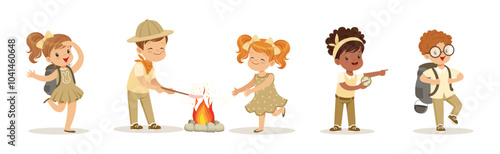 Boy and Girl Scout Character in Uniform Explore and Discover Vector Set