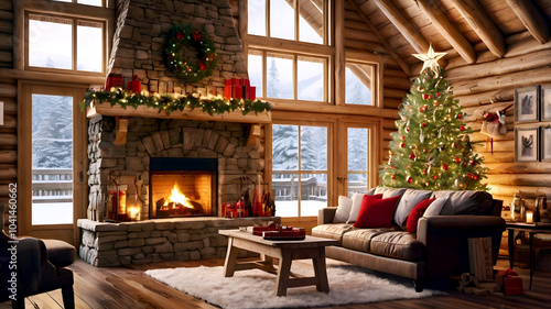 Warm, cozy log cabin interior; decorated Christmas tree with red ornaments and twinkling lights; wooden table in front; hanging stockings for Christmas; rustic stone fireplace; golden glow; pine wood 